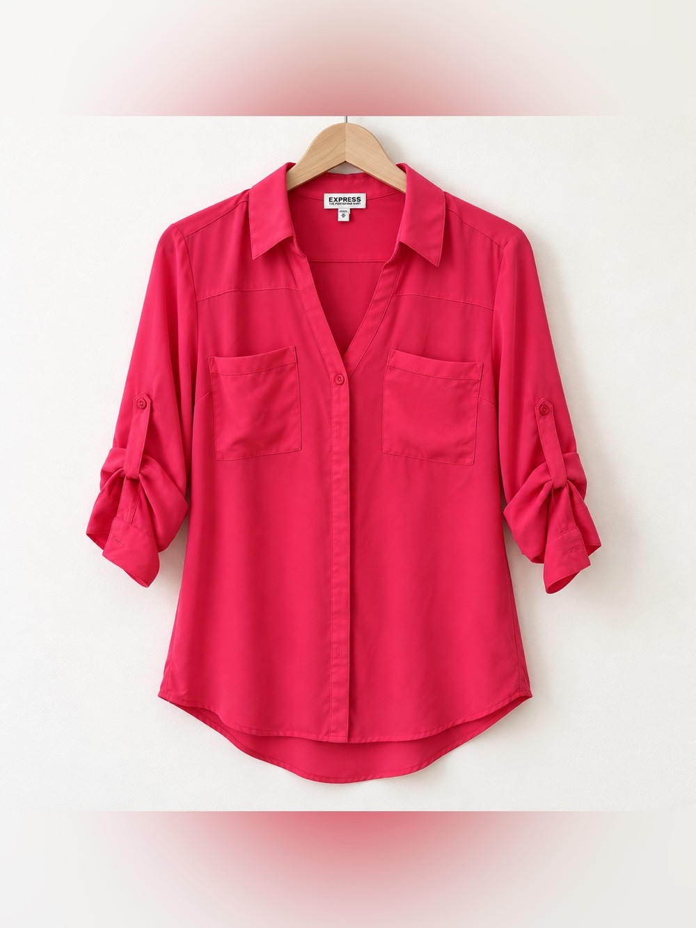 Express The Portofino Shirt Women's Hot Pink Roll-Sleeve Button Blouse - Size M